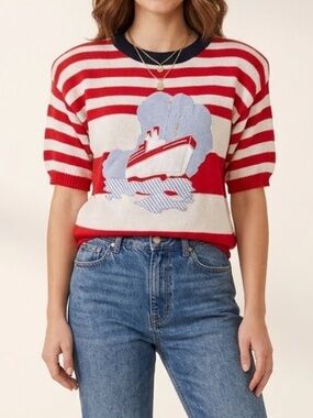 *NEW* NAOMI BEE Striped Nautical Ship Embroidered Sweater Vintage Large NWT